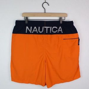 ‼️SOLD‼️Nautica Orange & Navy Spellout Swim Trunks